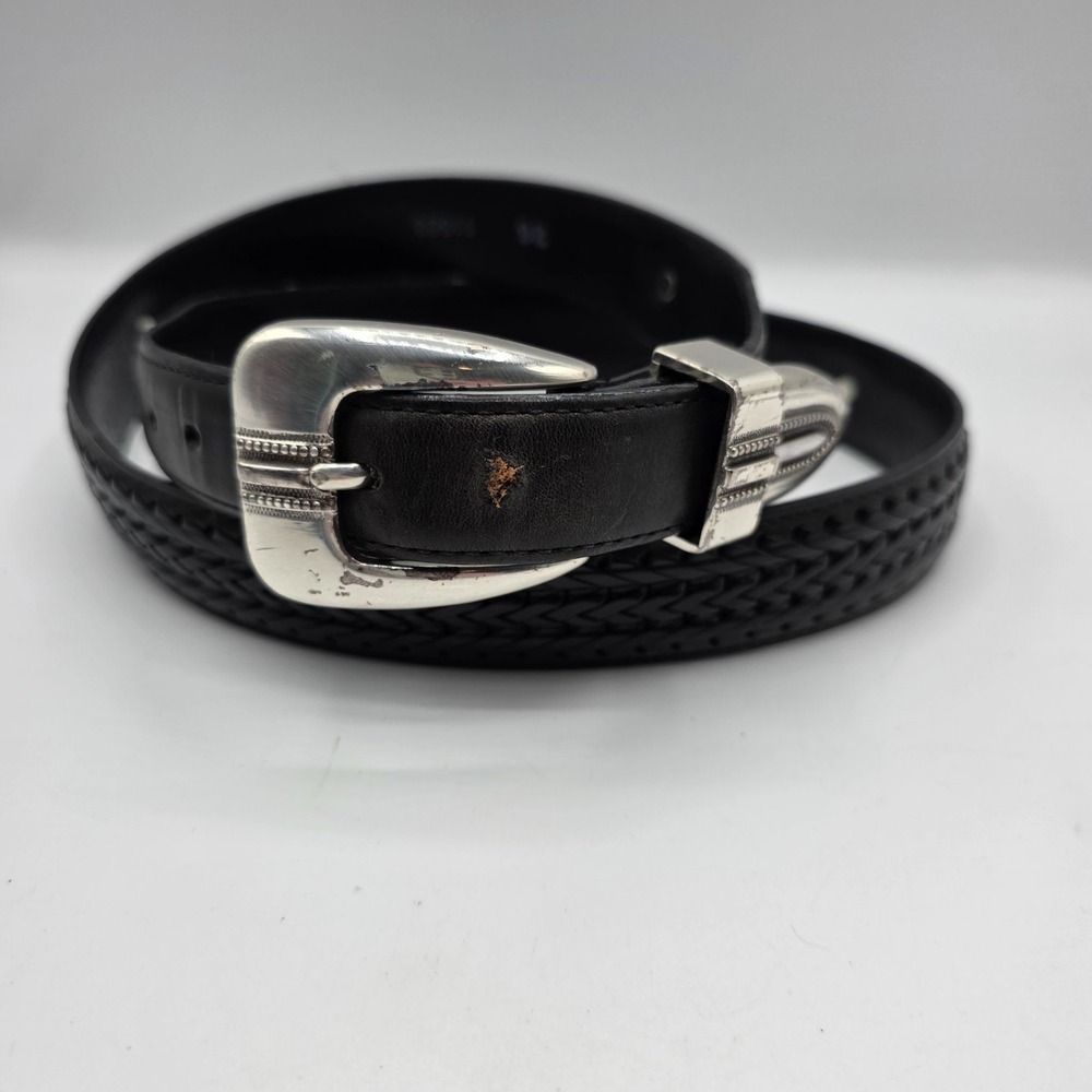 BRIGHTON ONYX Leather Belt Golf Mens Silver‎ Buckle Western Style Size 36 Black